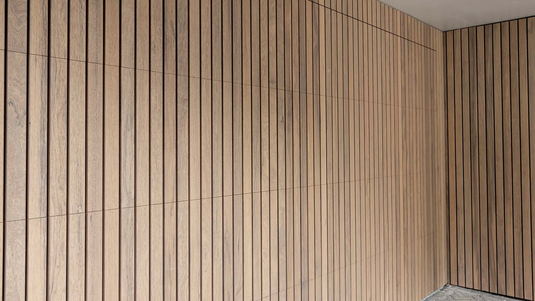 Moderne woning met Frake houten garagedeur en voordeur, passend bij de gevel