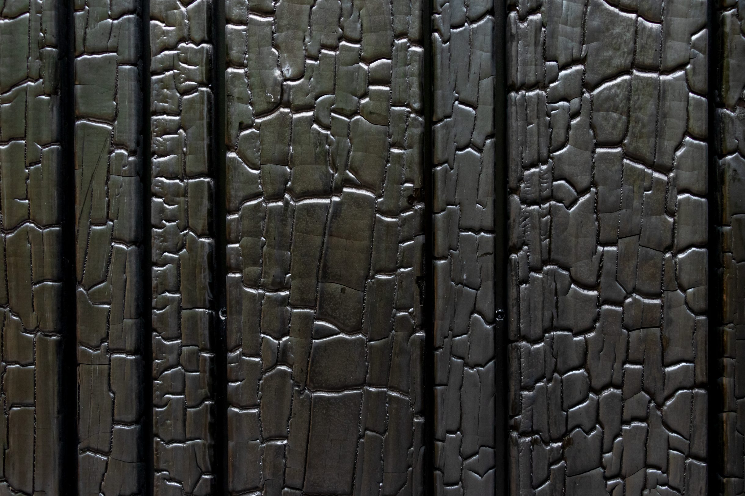Detail van houten garagedeur van Shou Sugi Ban hout, met diep donkere en zwarte nerven