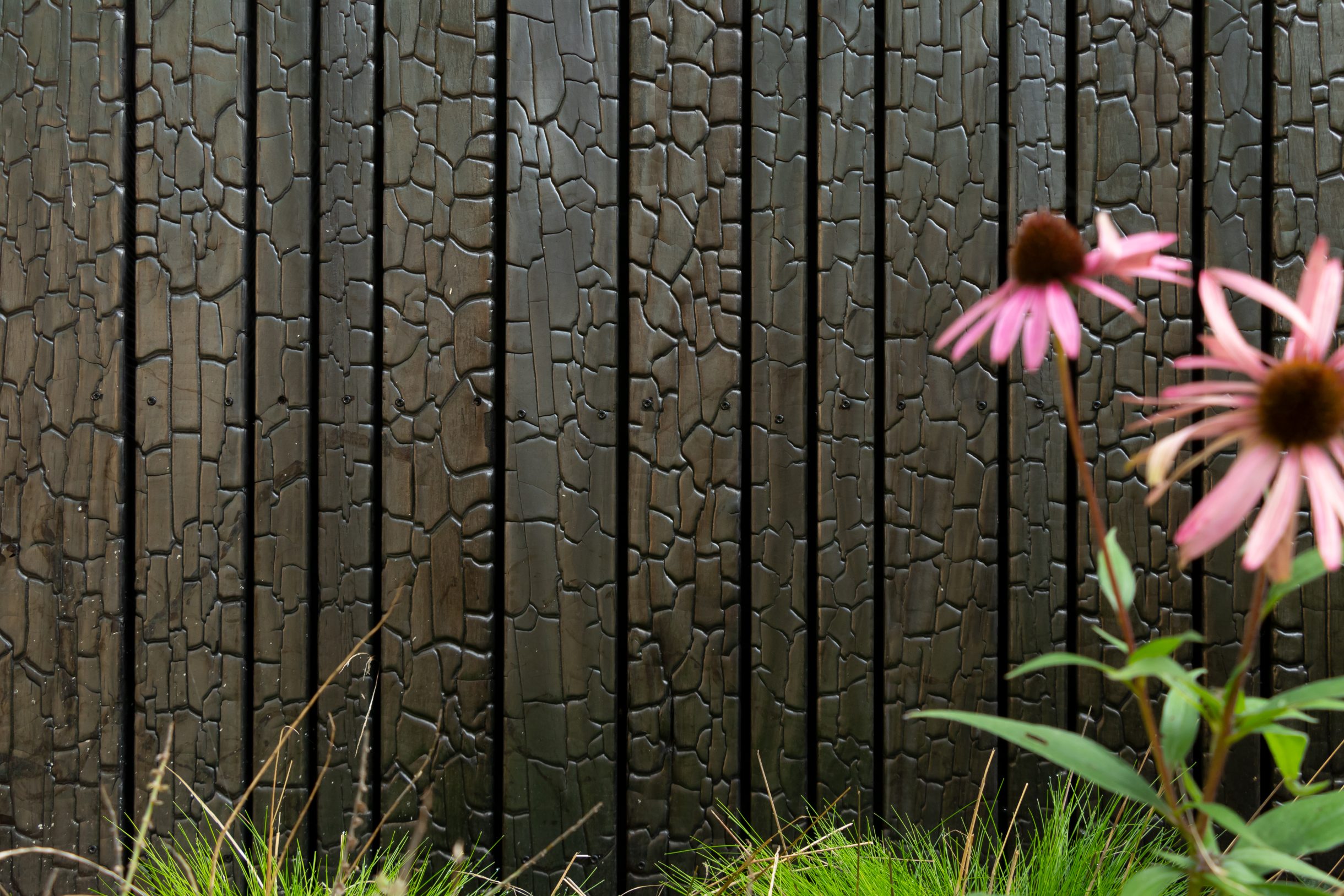Detail van houten garagedeur van Shou Sugi Ban hout, met diep donkere en zwarte nerven
